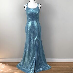 Sparkling Lace Up Teal Blue Sequin Gown